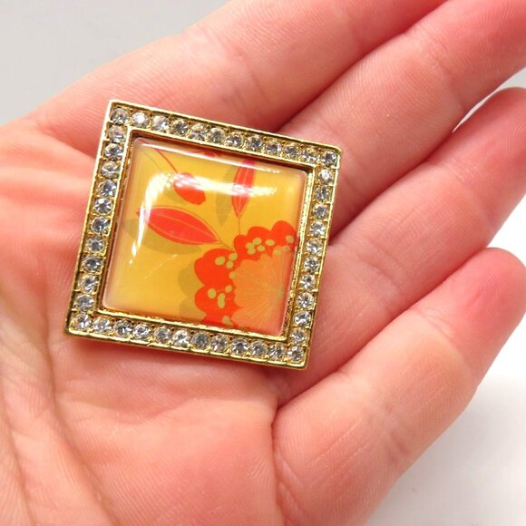 Vintage Avon Brooch Rhinestones Square Gold Tone Frame Orange Floral Design - Picture 7 of 7